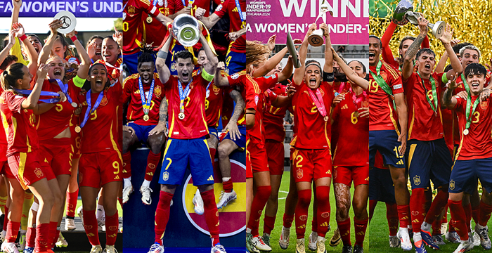 Celebración de la Selección Española tras ganar varios campeonatos europeos en 2024, con jugadores y jugadoras alzando trofeos y mostrando su alegría.